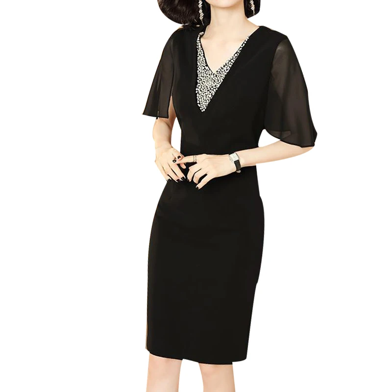 

Women's Spring Summer Style Dress Women's Elegant Diamonds Short Sleeve V-neck Solid Color Elegant Casual Dress SS1614