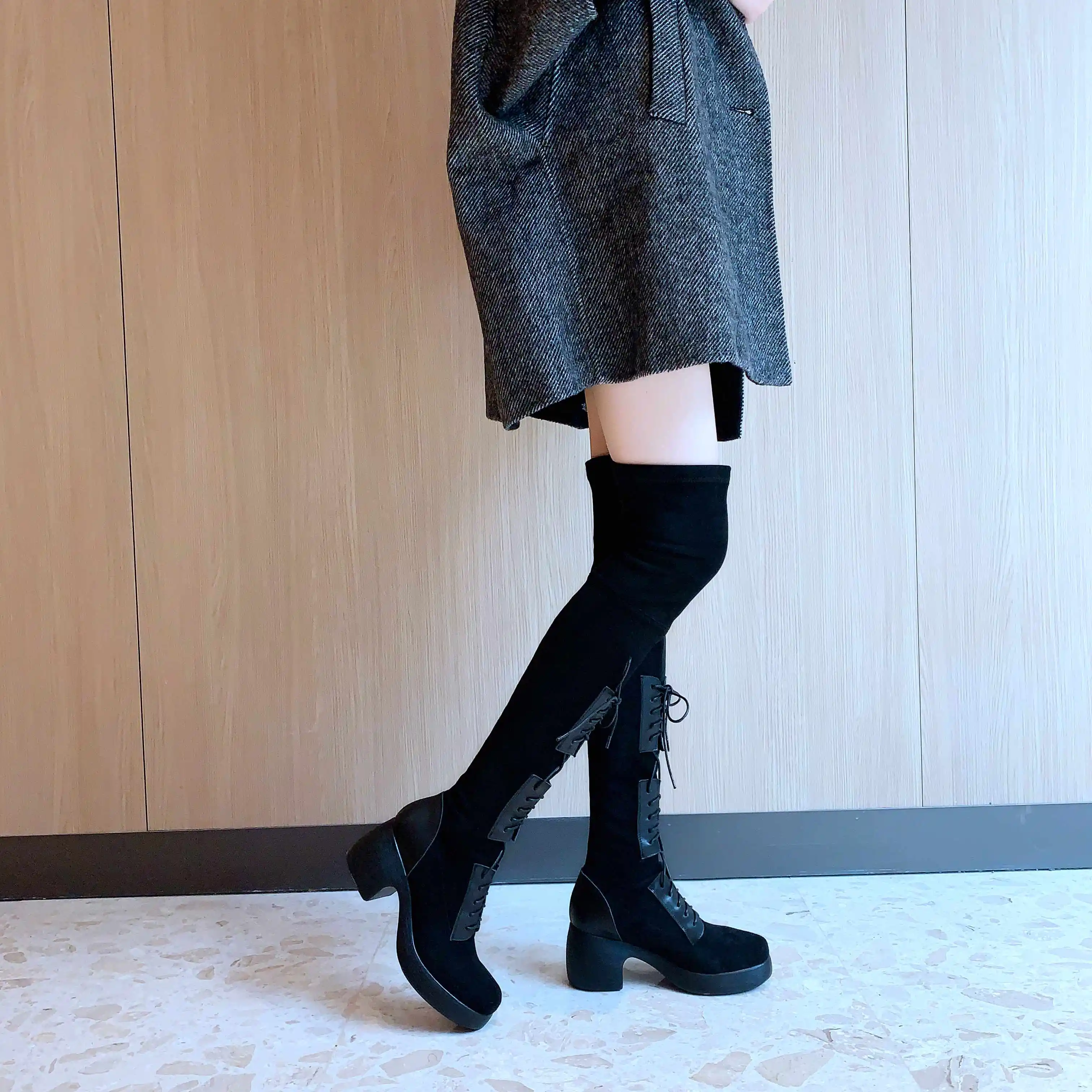 Lenkisen unique lace up stretch boots round toe high heels thick bottom winter keep warm women fashion over-the-knee boots L32