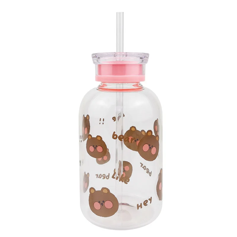 

New 450ml Cute Cartoon Glass Water Bottle With Straw Kawaii Strawberry Milk Bottle Fashion Double Cover Clear Drinking Bottles