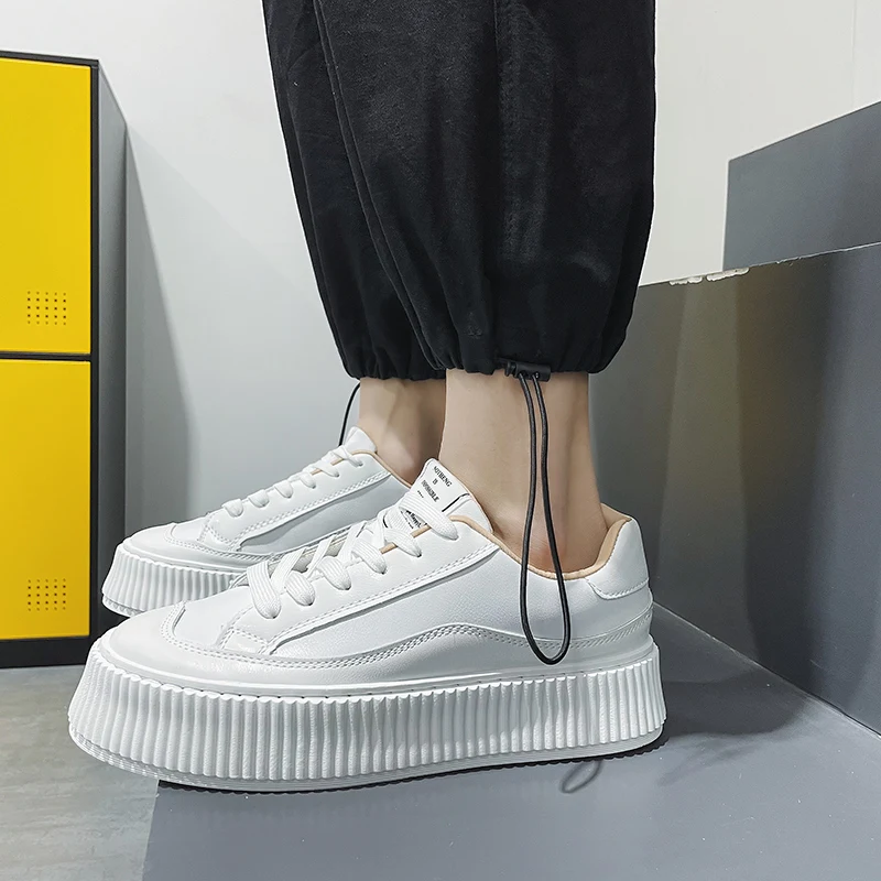 

Spring 2021 Men Flat Shoe Thick Bottom Mens Casual Footwear Height Increase Pu Leather Men Shoes Fashion Walking Shoes For Mens