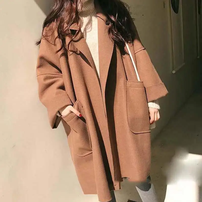 Осенне зимнее женское корейское длинное пальто размера плюс шерстяное с