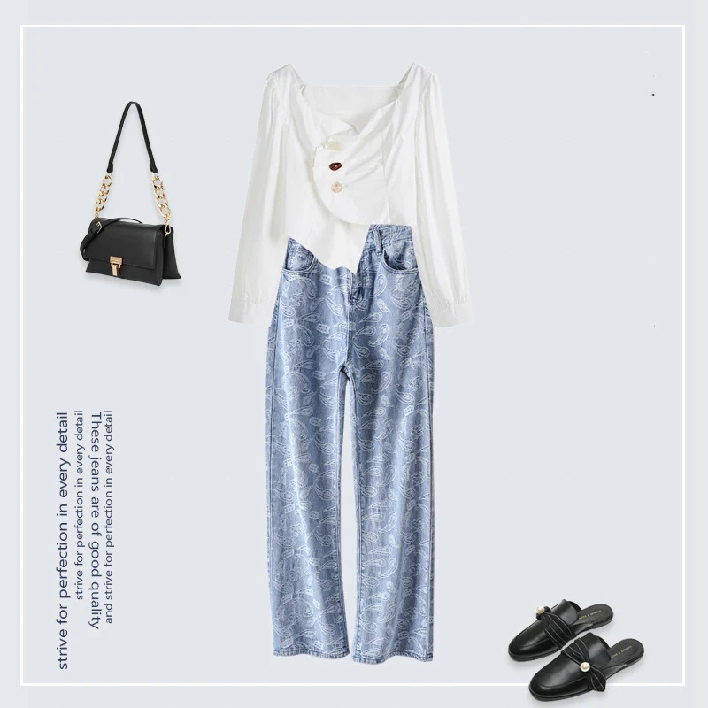 

Korea Hyuna Style Jacquard Denim Jeans Pants Women's Spring 2021 New Fashion High-Waisted Ris Loose Straight Leg Long Trousers