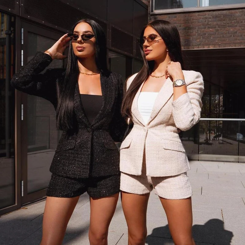

LALUMAI women's Short Suits Autumn and winter 2021 single breasted long sleeve High Waist buttocks shorts suit solid 2 piece set