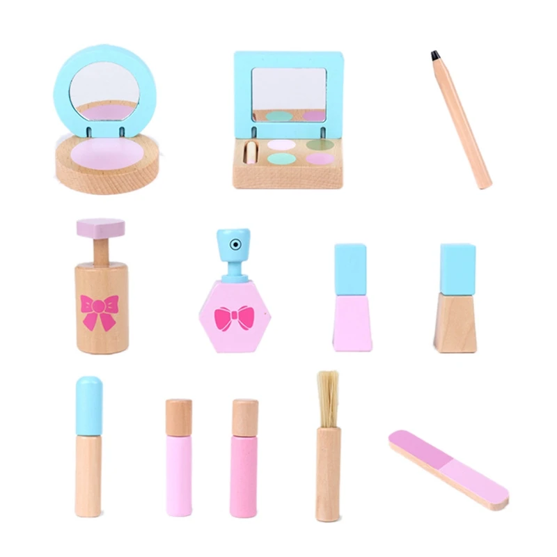 

12PCS Kids Wooden Pretend Role Play Makeup Beauty Playset Funny Simulation Cosmetics Toy Makeup Accessory for Girls Gift
