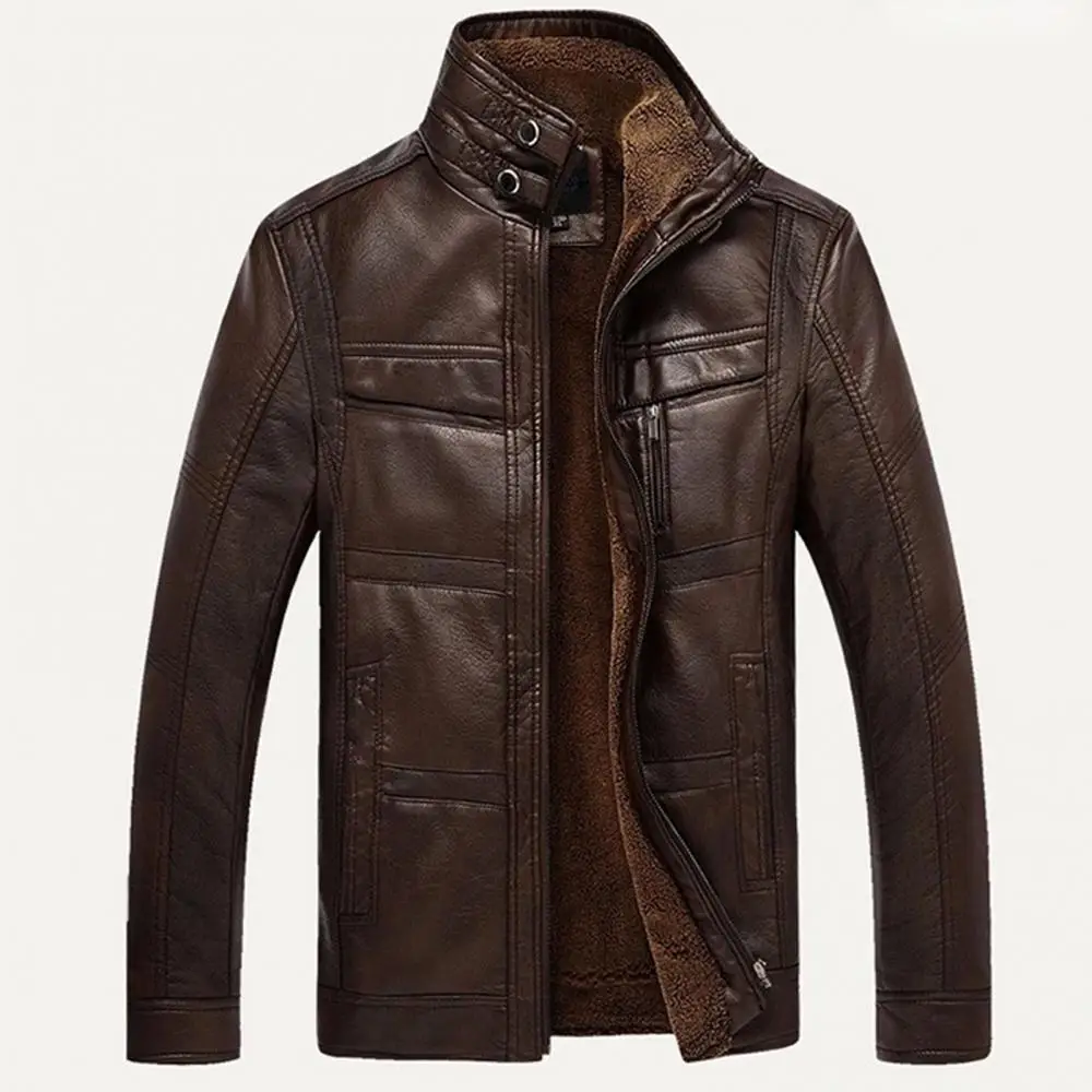 

Men Faux Leather Fleece Lined Jacket Long Sleeve Stand Collar Zip Warm Short Coat Zipper Closure Warm Keeping Male Outerwear