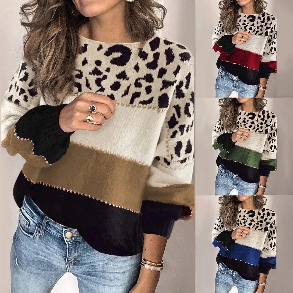 

Pullover Sweater Pullover Long Sleeve Women Knit Cotton Leopard O-Neck Ladies Knit Tops Sweater Jumper Patchwork Pullover