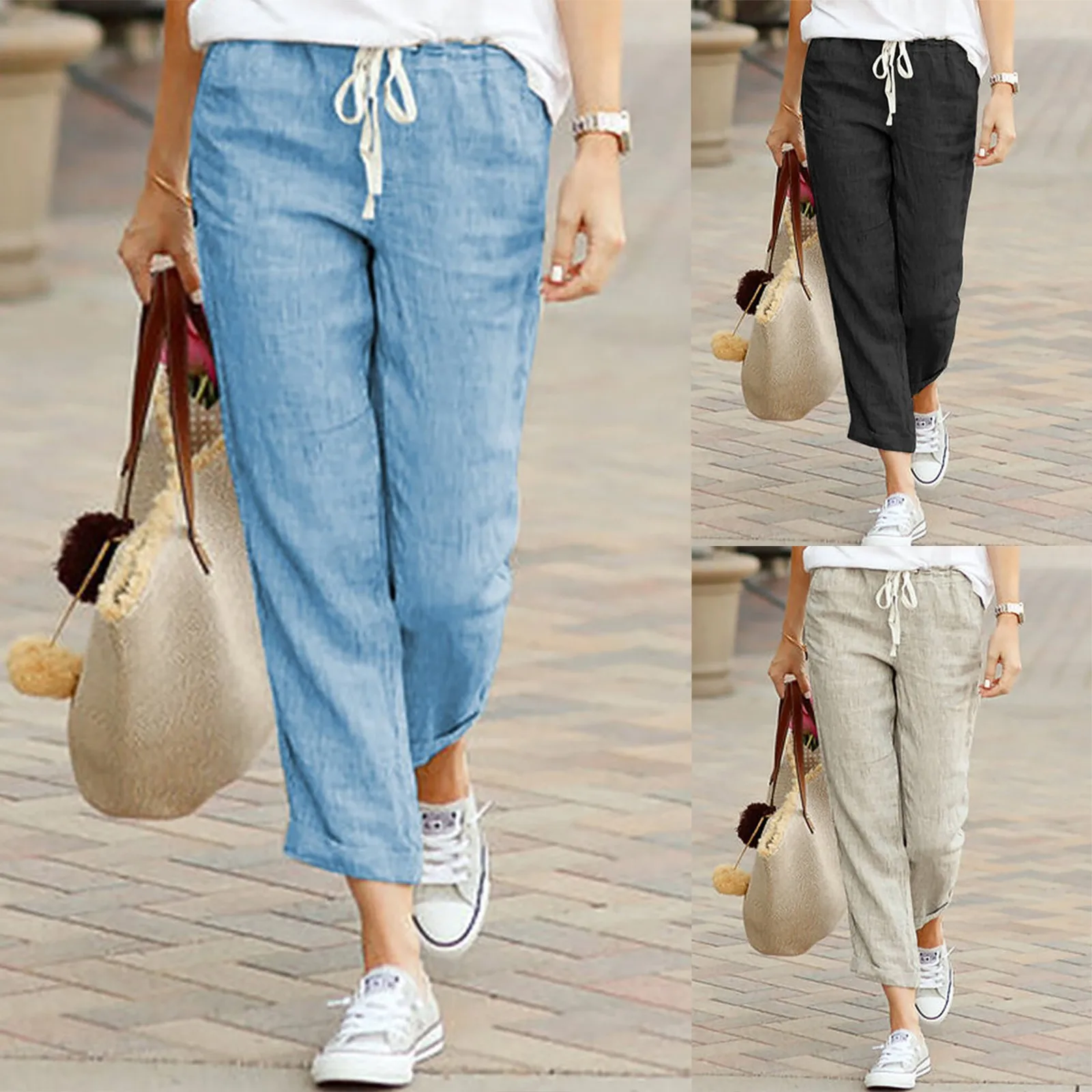 

Summer Fashion Pants Plus Size 3xl Women Casual Solid Cotton Linen Pockets Loose Drawstring Elastic Waist Long Wide Leg Trousers