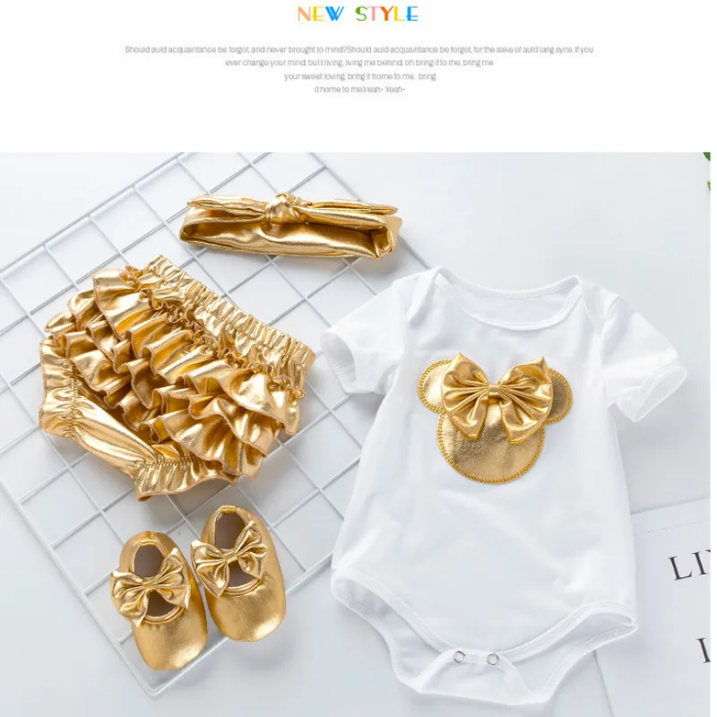 Cute Summer Romper 4pcs Baby Girls Clothes Jumpsuit Romper+Shoes+Headband 0-24M Age Infant Toddler Newborn Outfits Set for kids