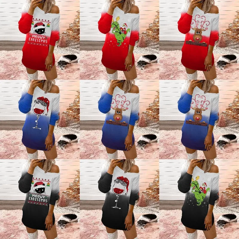 

christmas Women's Clothing Long Sleeve Loose pullover midi T-Shirt autumn winter Harajuku skew collar 3D Animal Printed New Top