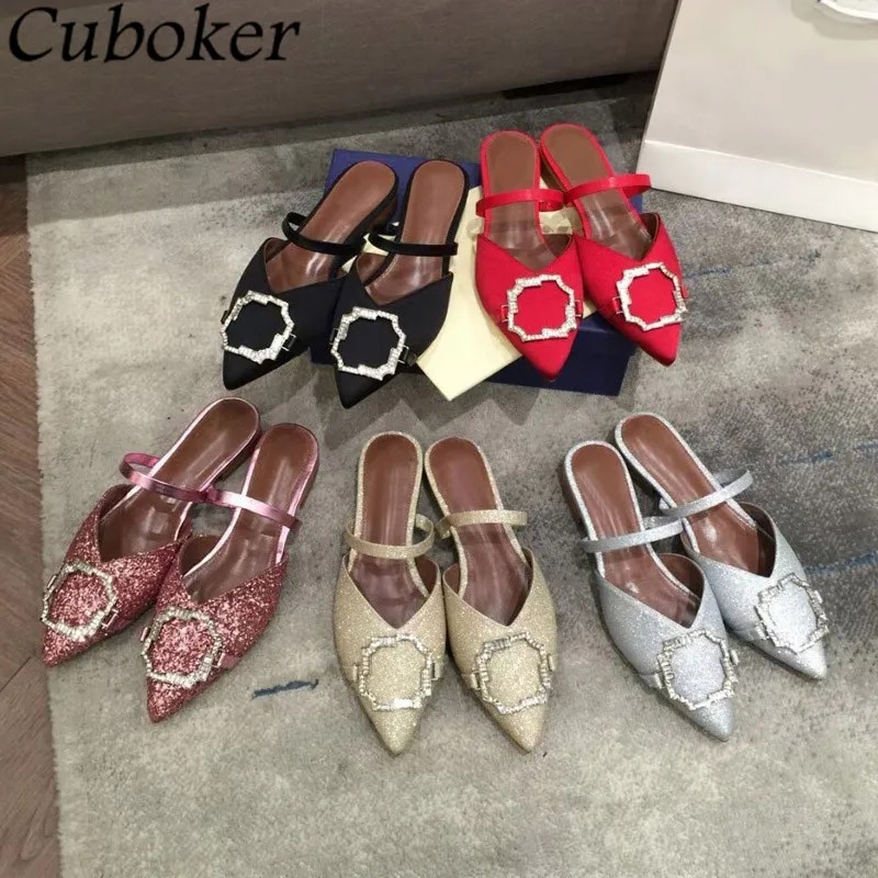 

Sexy Bling Women Flat Slippers Pointed Toe Metal Decor Slides Ankle Slingback Ladies Sandals Summer Brand Runway Women Shoes