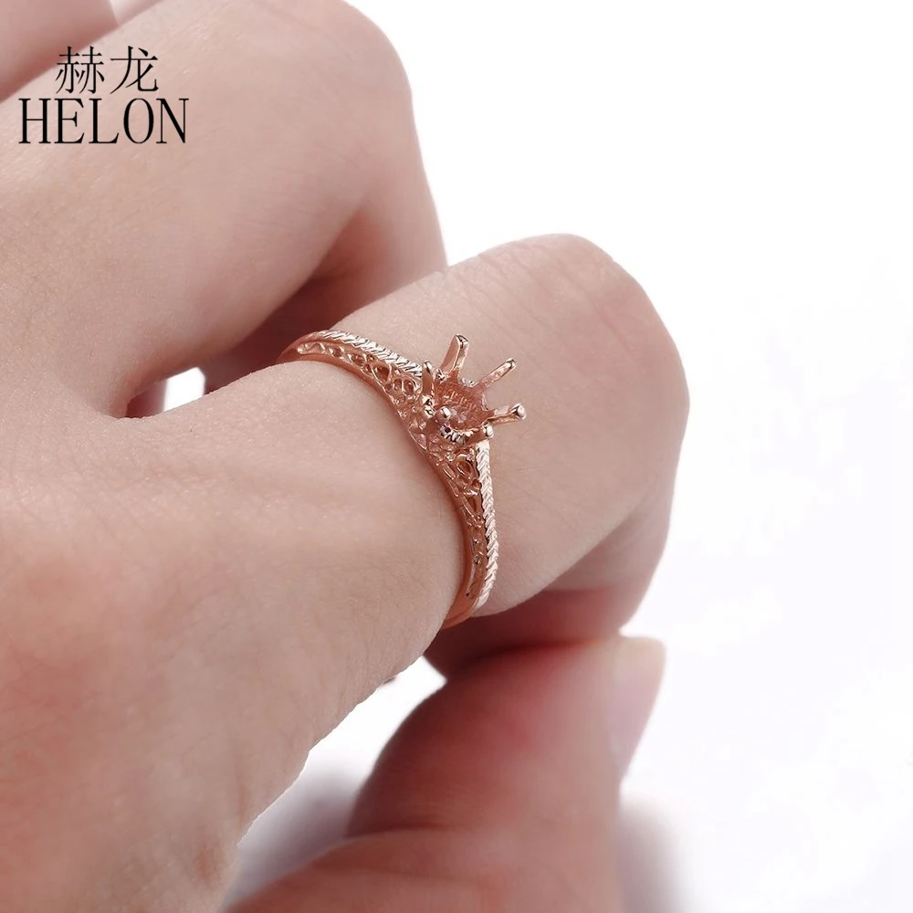 HELON Real 14k розовое золото Сертифицированный круглый 4-5 мм Пасьянс Античный Декор Винтаж полу крепление кольцо ювелирных изделий