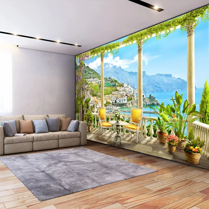 Пользовательские росписи Papel де Parede 3D римская колонна балкон вид на море гостиная