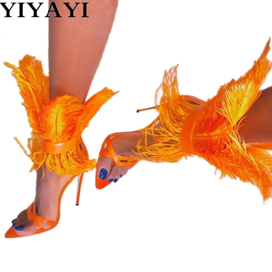 Женские босоножки на тонком высоком каблуке с перьями Вьетнамки женские
