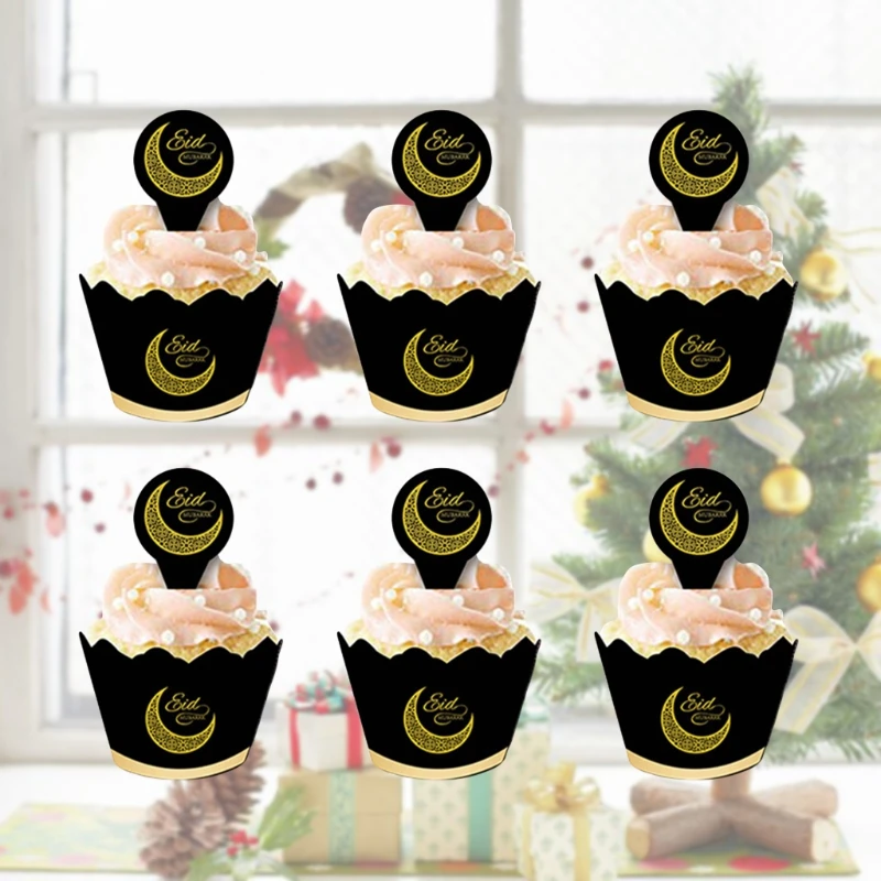 

W3JA 12pcs/set Eid Mubarak Cupcake Toppers Cake Cups Wrappers Ramadan Festival Islamic Muslim Party Decoration Baking Supplies