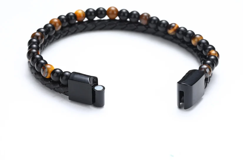 Fashion Men Jewelry Genuine Leather Bracelet Black Stainless Steel Magnetic Clasp Tiger eye Natural Stone Bead Bracelet Men
