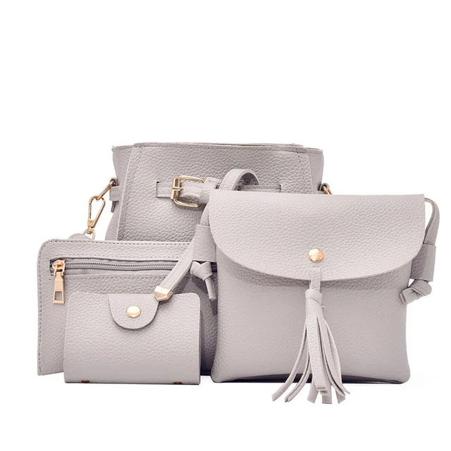 light grey Модный комплект из искусственной кожи, сумка для женщин, однотонная мягкая искусственная кожа, женские дизайнерские сумки-мессенджеры на плечо, сумка через плечо, сумки, комплект из 4 предметов - Цвет: light grey