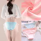 Аниме женское нижнее белье, трусики, нижнее белье, синие, розовые, белые полосатые бикини, трусы, хлопковые сексуальные трусики для косплея с боковыми бретелями, женское нижнее белье