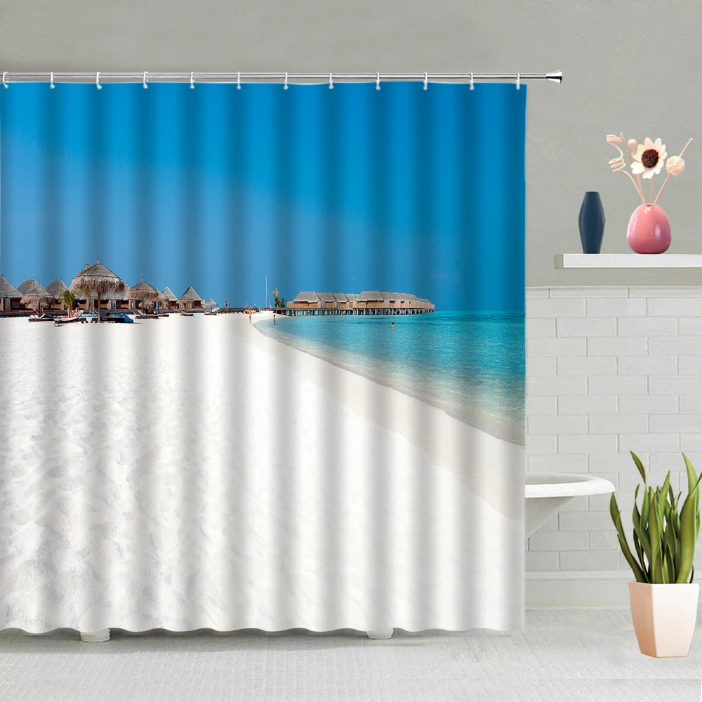 

Sea Blue Sky Beach Plant Ocean Landscape Shower Curtain Coconut Tree Bathroom Curtains Waterproof Polyester Cloth With Hooks