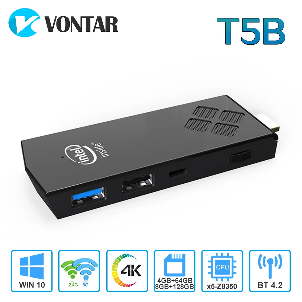 

VONTAR T5B Portable Mini PC Intel Z8350 Quad Core 8GB 128GB Windows 10 PC Stick with HD Wifi BT4.2 Mini Computer 4GB 64GB