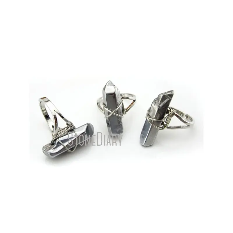 RM13001 10Pcs Wire Wrapped Sliver Plated Polishing Faceted Pillar Ring Titanium Silver White Quartz Adjustable | Украшения и