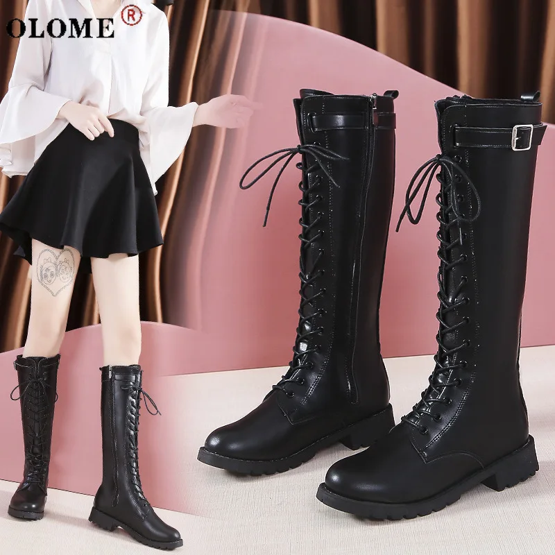 

OLOME-high Knee Pu Boots High Heels Ladies Lace Up Fashion Nude Boots 2021 Spring and Autumn Women's Shoes Plus Size