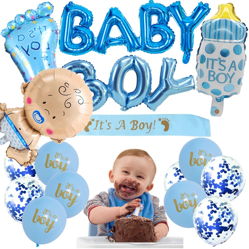 

19 Pcs Baby Shower Supplies Boy Foil Balloons Baby Birthday Gender Reveal Decorations Latex Balloon Set For Baby Party Decor