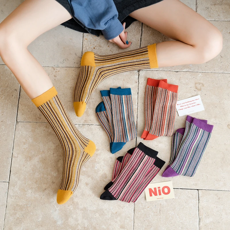 

2020 New Autumn Women's knitted tube socks stripe warm fashion Japan Retro Colored socks cozy Art Harajuku High-end socks gift