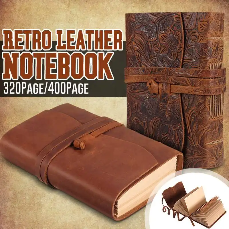

Pure Handmade Genuine Leather Journal Notebook Planner Book 400P Band Blank Paper Relief Cover Retro Diary Kraft Travel Agenda