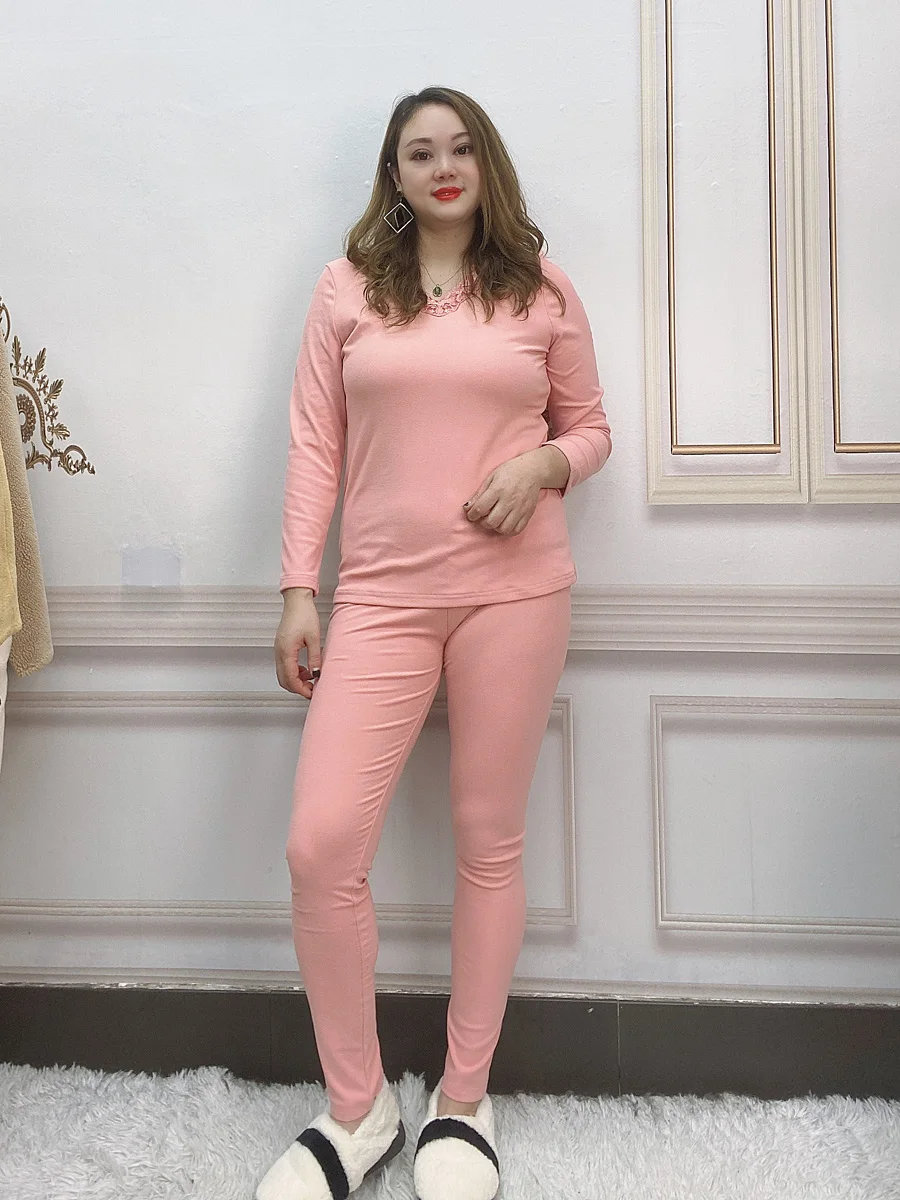 

Women Thermal Underwear Sets Autumn/Winter Solid Lace V Neck Tops And Bottoms Slim 2PCS Intimates Warm Clothes 2020