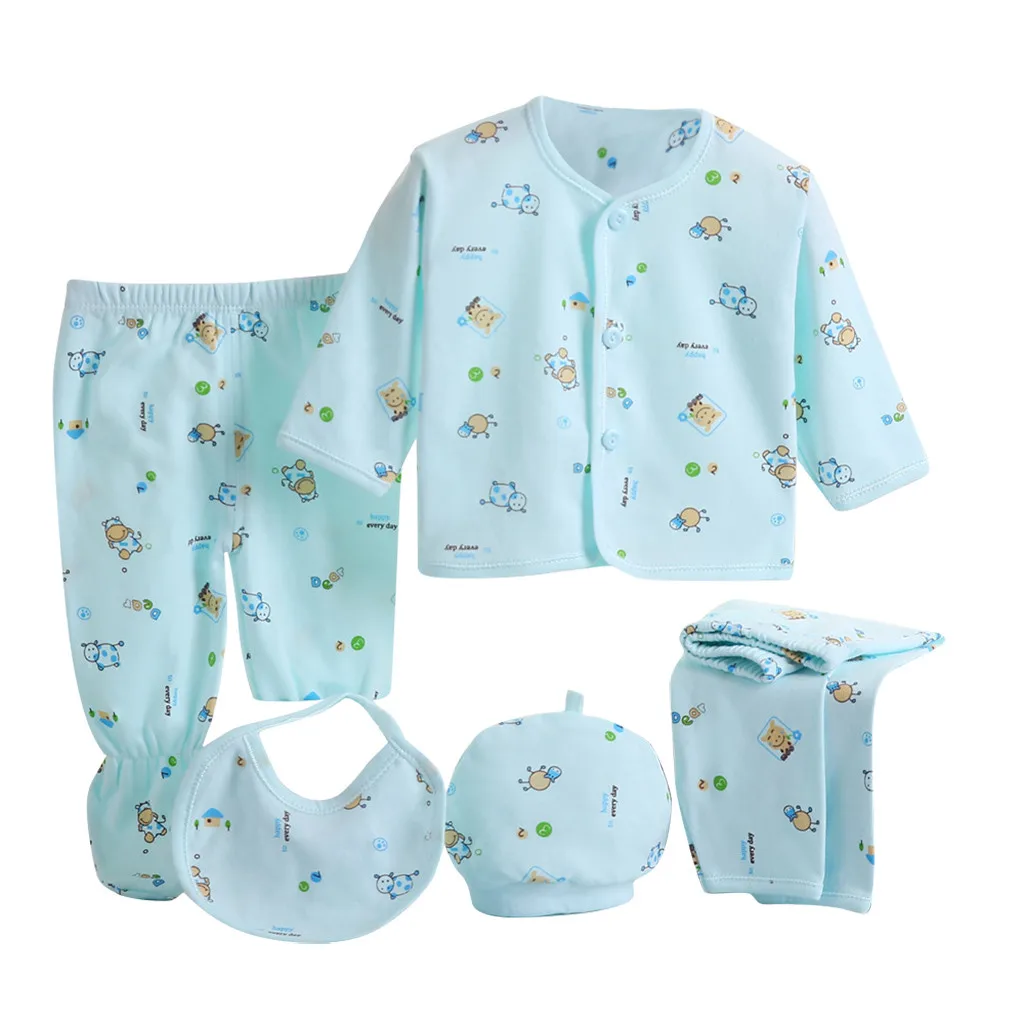 5Pcs Cute Newborn Baby Outfits Toddler Sleepwear Outfit Long Sleeve Cartoon Animal Print Tops +Hat+Pants +Bib Set Y96 | Детская одежда