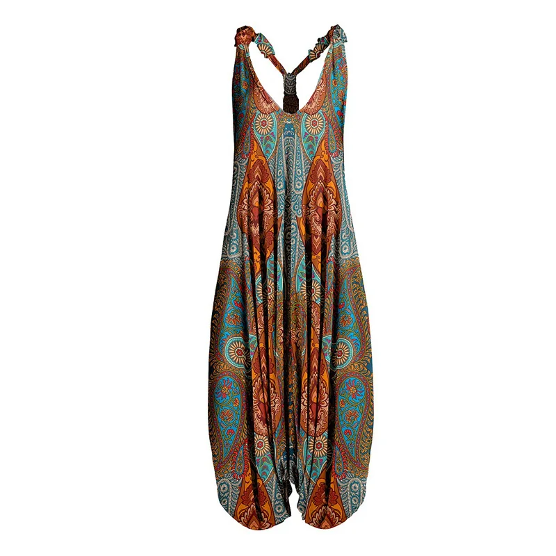 

FAKUNTN Overall Jumpsuit Women Sleeveless Teal Orange Spaghetti Straps Jumpsuit Vintage Long Summer Jumpsuits For Women