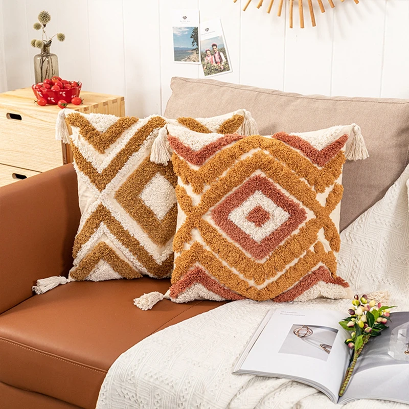 

Tassel Cushion Cover 45X45Cm Moroccan Style Tufted Pillowcase Bohemian Handmade Home Decoration for Bedroom Living Room Sofa