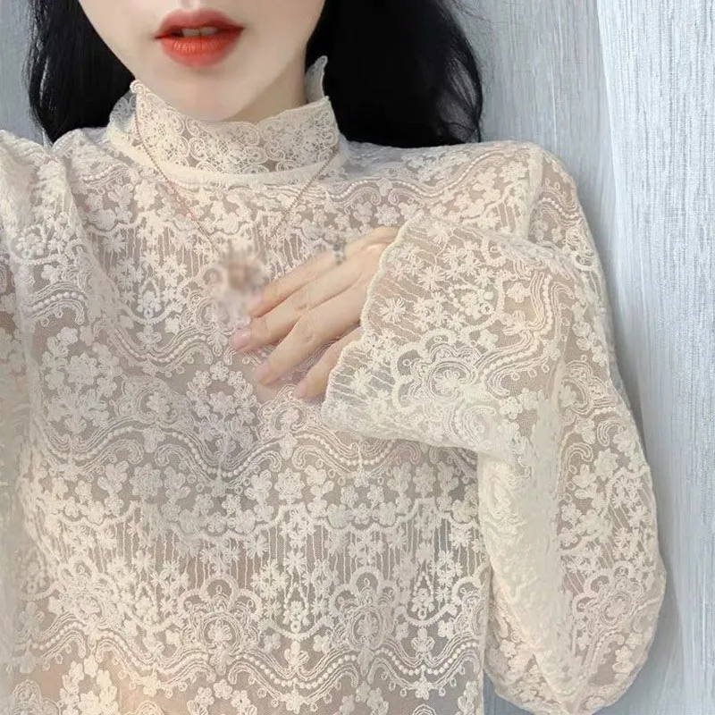 Сексуальная Открытая черная футболка Женская Кружевная с высоким воротником