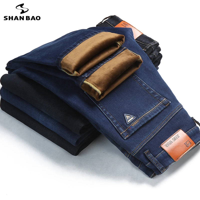 

SHAN BAO 2021 Winter Brand Classic Jacquard Fleece Thick Warm Fit Straight Pants Men Business Casual Slim Pants Dark Blue Black