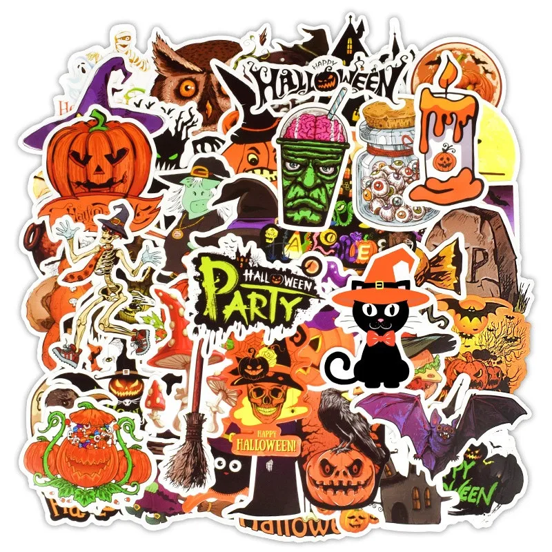 

10/30/50 Cartoon Halloween Candy Pumpkin Witch Waterproof Laptop Guitar Skateboard Sticker Graffiti Decoration Toy Wholesale