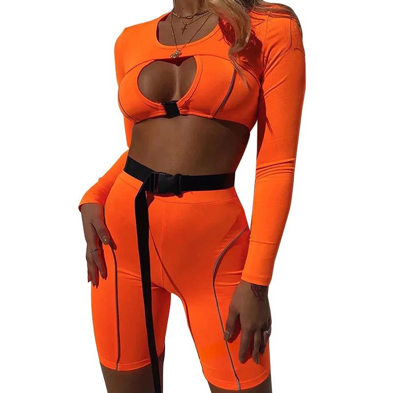 

Stylish sexy hollowed-out two-piece outfit splicing round neck long sleeve waist suit and shorts suit new casual women's suit