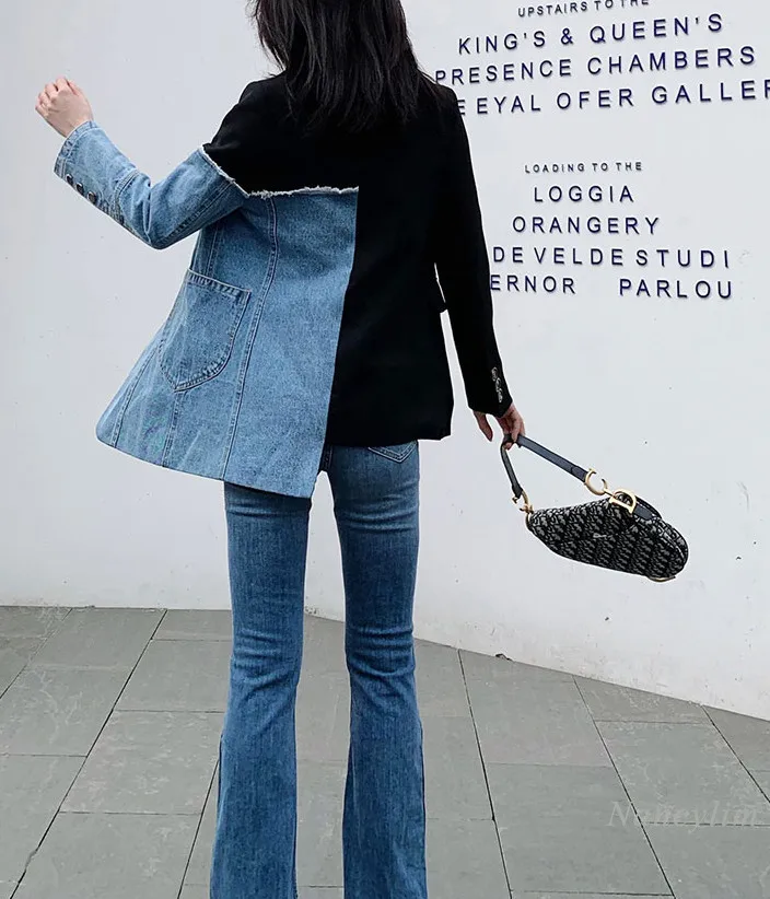 

New Loose Suit Patchwork Denim Jacket Women Fashion Irregular Worn Coat Lady Streetwear 2020 Spring and Autumn