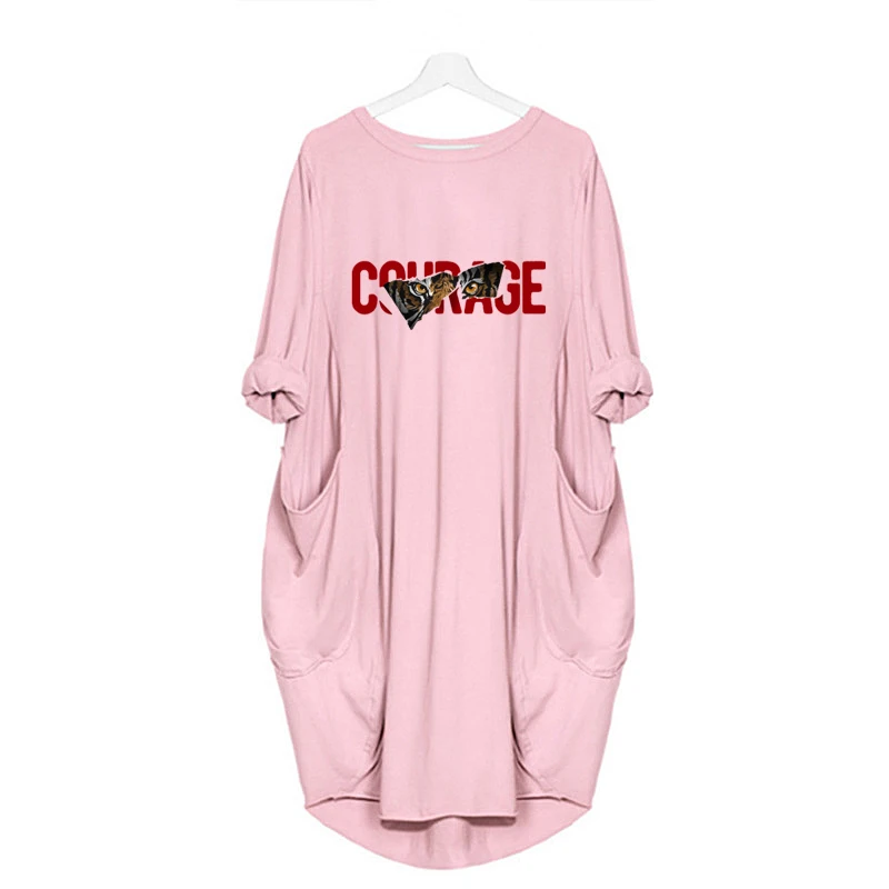 

2020 Women Dress With Pockets Tiger Letter Print Long Sleeve O Neck Midi Dresses Plus Size 5XL Casual Loose Woman Vestidos Robes