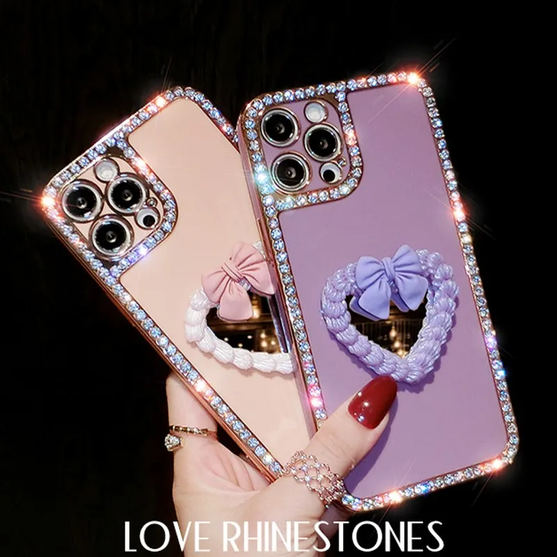 

Fully Drilled Diamond Edge Bowknot Mirror Phone Case For iPhone 12 13 Pro Max 11 X XS Max XR 7 8 Plus SE Plating Soft Cover