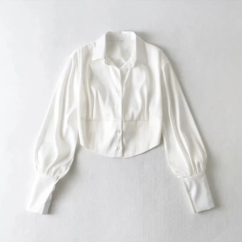 

Women's Short Shirt Solid Lantern Long Sleeve Ladies Shirts Blouse Tunic Turn Down Collar Pleated Single Breasted Autumn Fashion