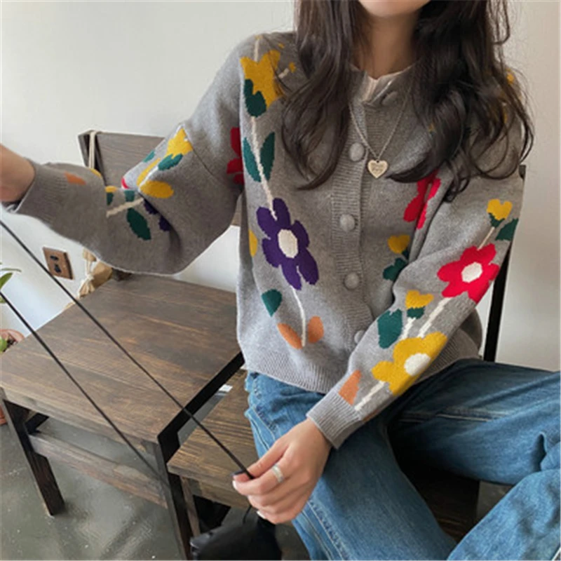 

New Retro Jacquard Knit Sweater Jackets Women Korean Casual Loose Colorful Flower Print Sweaters Cardigans Female Clothes Winter