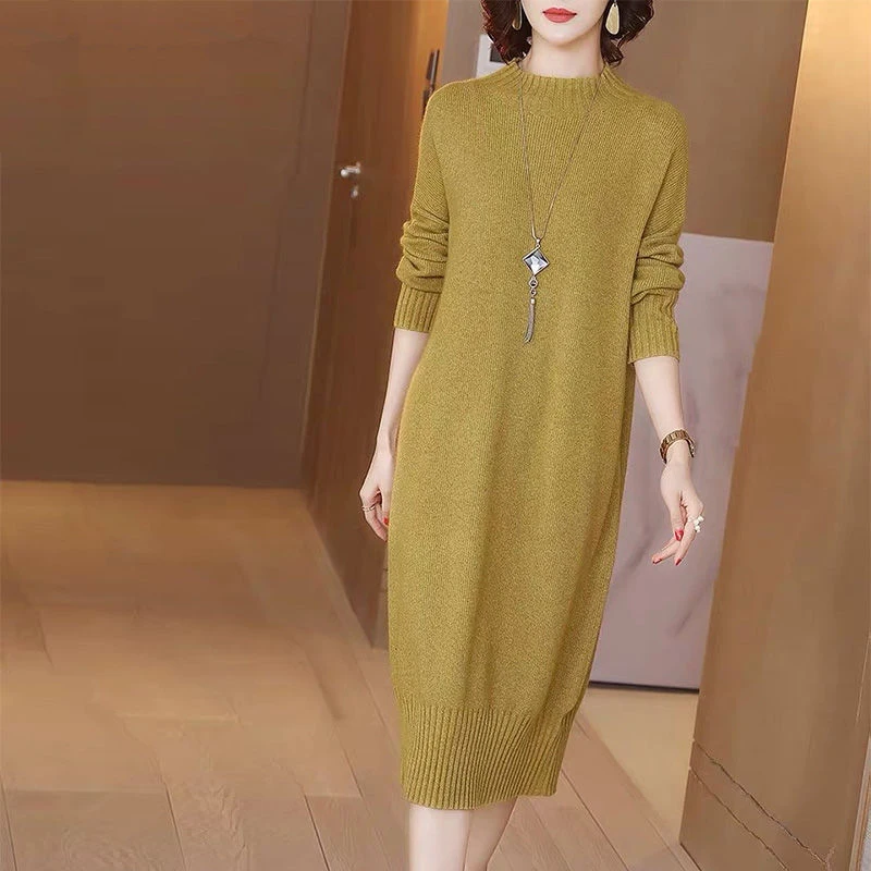 

Women 2021 Spring Autumn O-Neck Knitted Sweater Dress Sweater Dress Female Cotton Long Sleeve Casual Midi Dresses Vestidos A692