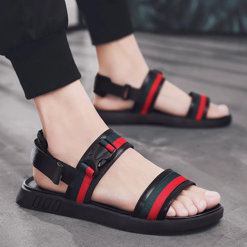 Дизайнерские повседневные мужские сандалии из парусины и натуральной кожи