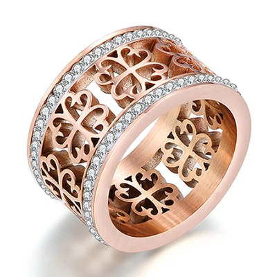 Rose Gold Модные трендовые винтажные Свадебные кольца с цветами для женщин, классический дизайн, розовое золото, цвет из нержавеющей стали, 2 ряда, циркониевое Кристальное кольцо - Цвет основного камня: Rose Gold