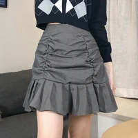 2021 summer college style harajuku high waisted pleated zippered skirt solid color ruffled half length short hip fishtail skirt