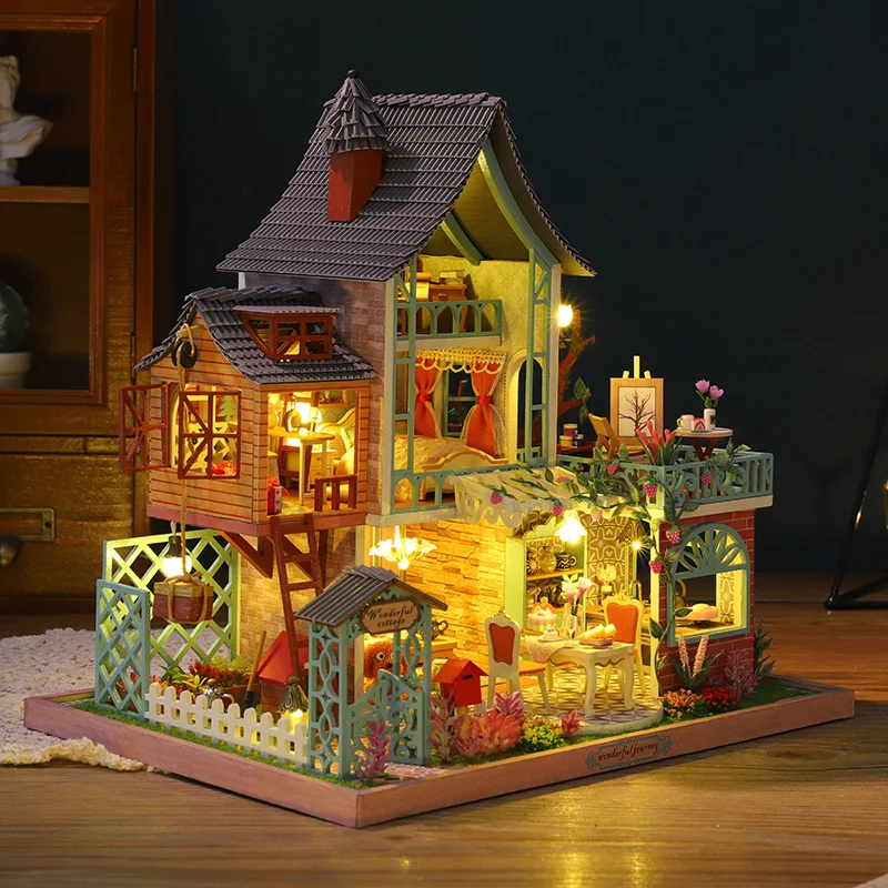 assemble diy dollhouse wooden doll houses miniature doll house furniture kits casa music led toys for children birthday gifts free global shipping