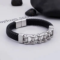 haoyi black braided leather bracelet stainless steel motorcycle chain charm accessories mens jewelry