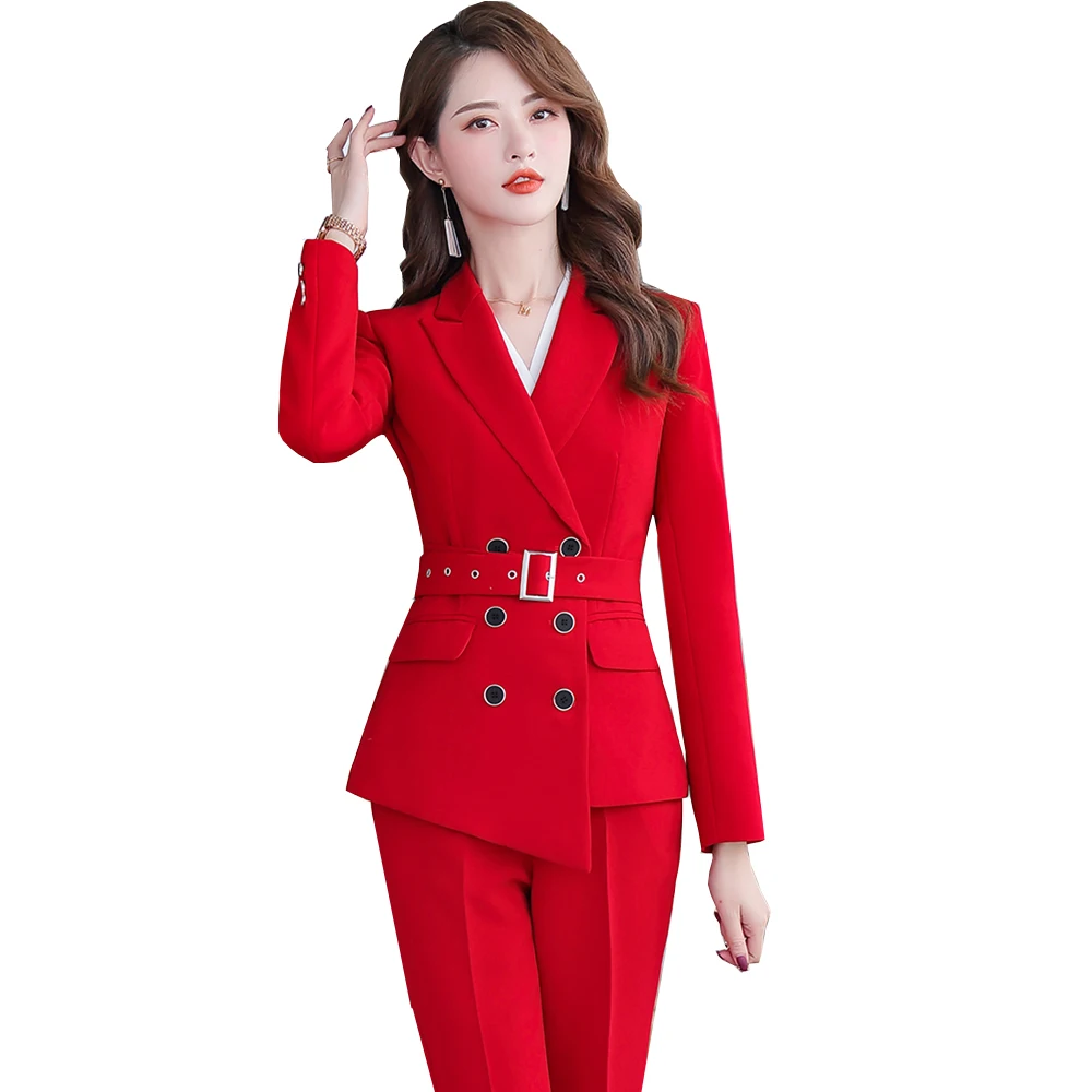 

Asymmetric Size S-5XL Women Pant Suit With Belt Red White Black Two Pieces Set Triple Breasted Blazer With Pant For Winter
