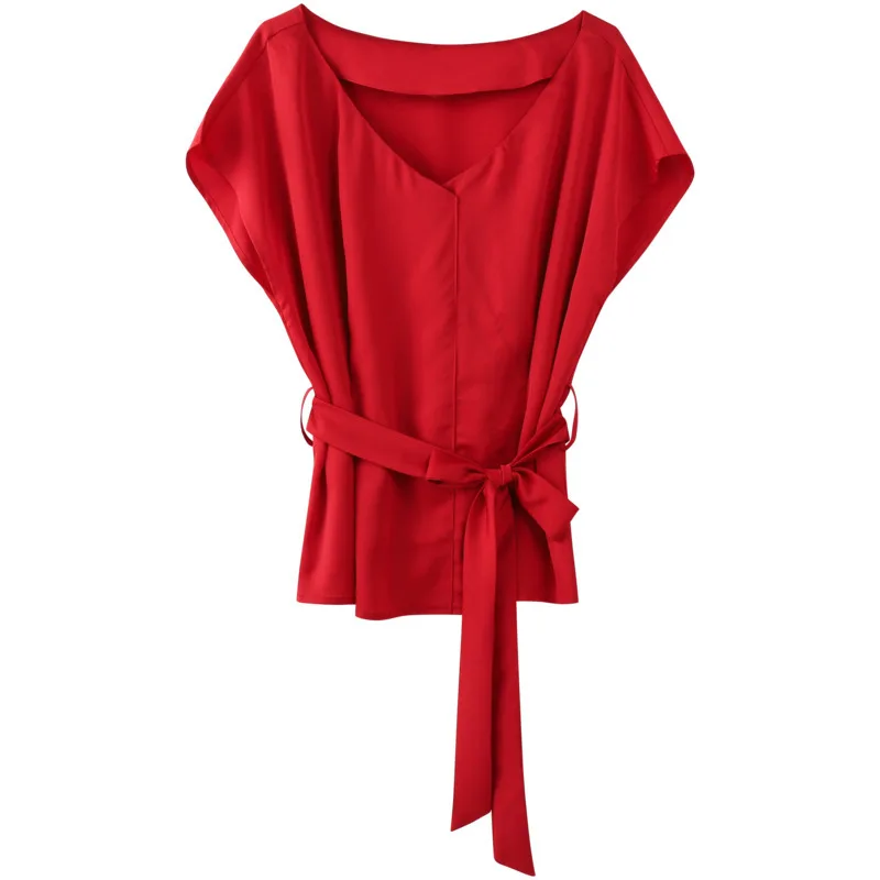

2021 summer new style Korean style bandage waist slimming belly cover top women's solid color V-neck short-sleeved chiffon shirt