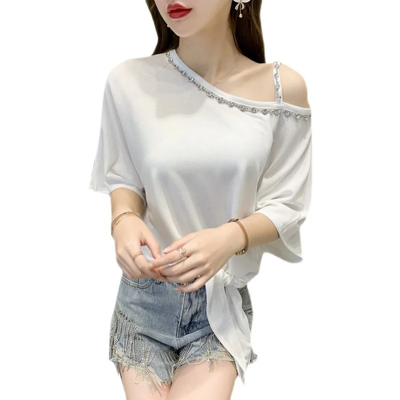 

Short sleeve T-shirt women's half sleeve summer wear 2021 new slant shoulder sling collarbone off shoulder design